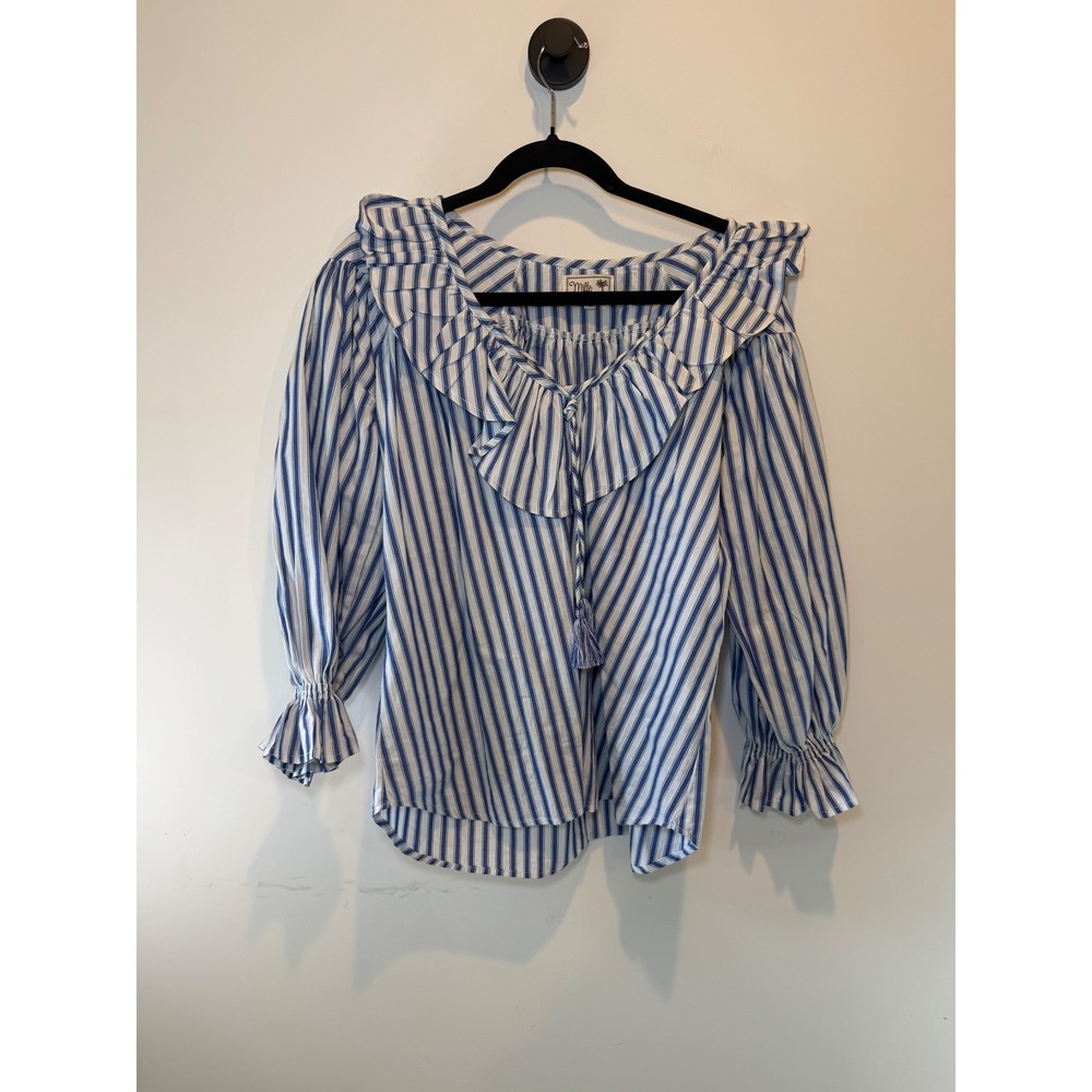 Mille Resort & Travel Blue White Striped Ruffle V-Neck Tassel Blouse Small